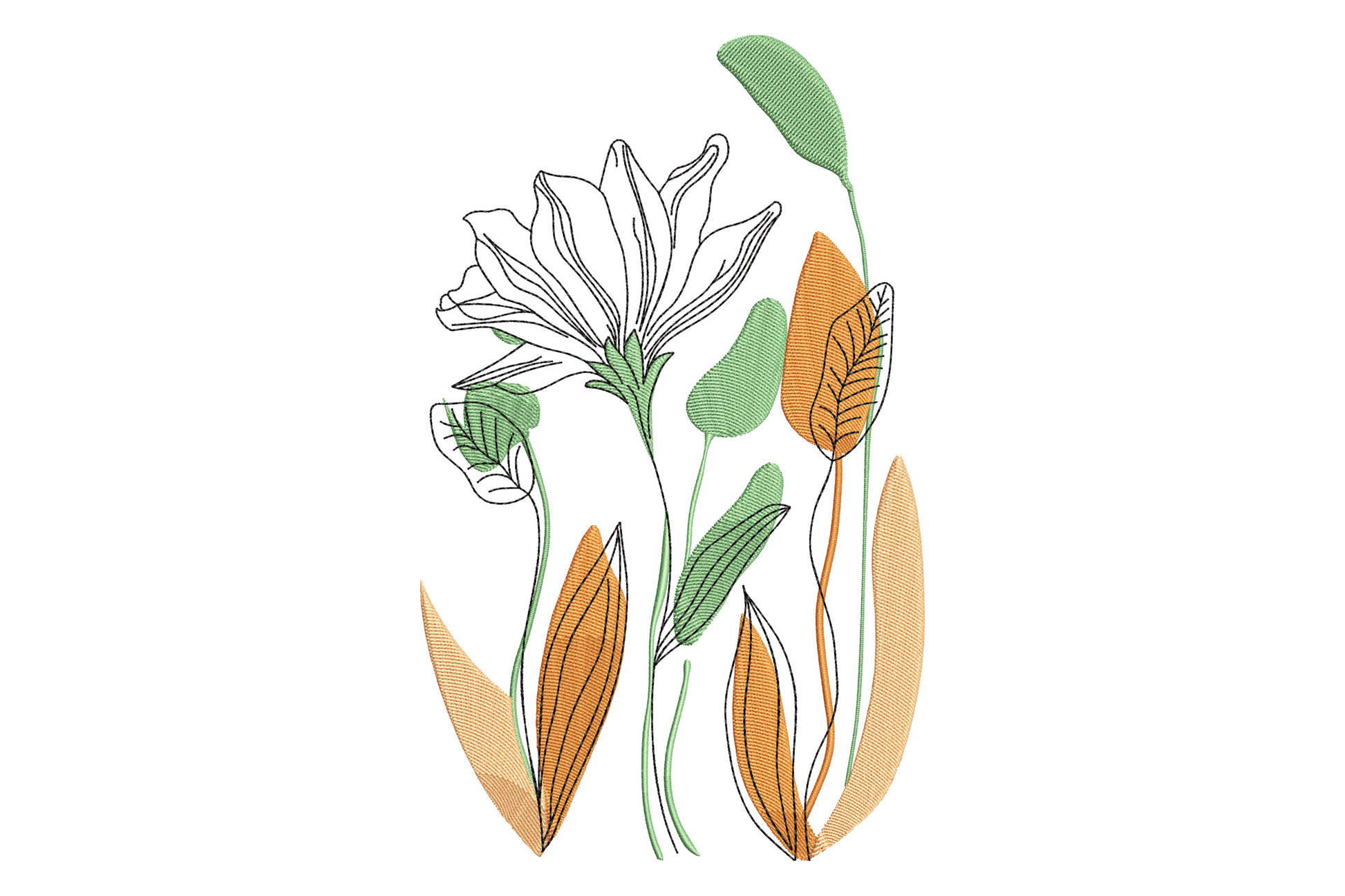 Modern botanical flower embroidery design in matte black single thread on cream linen, clean satin outline petals with directional stitching