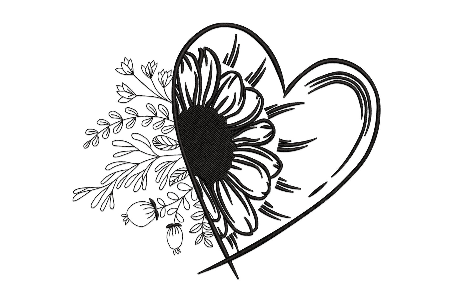 Modern botanical love heart design: bold open heart outline, sunflower at centre-left, botanical sprigs trailing left.