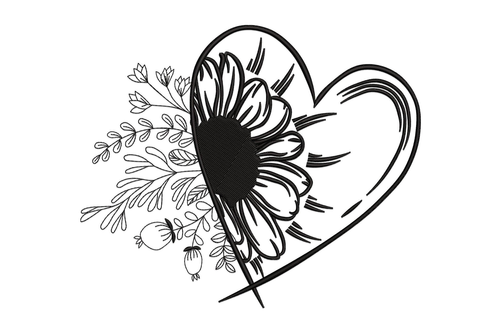 Modern botanical love heart design: bold open heart outline, sunflower at centre-left, botanical sprigs trailing left.