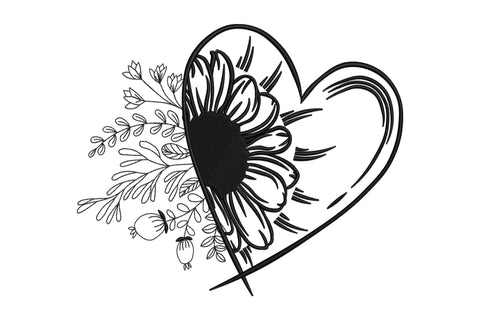 Modern botanical love heart design: bold open heart outline, sunflower at centre-left, botanical sprigs trailing left.