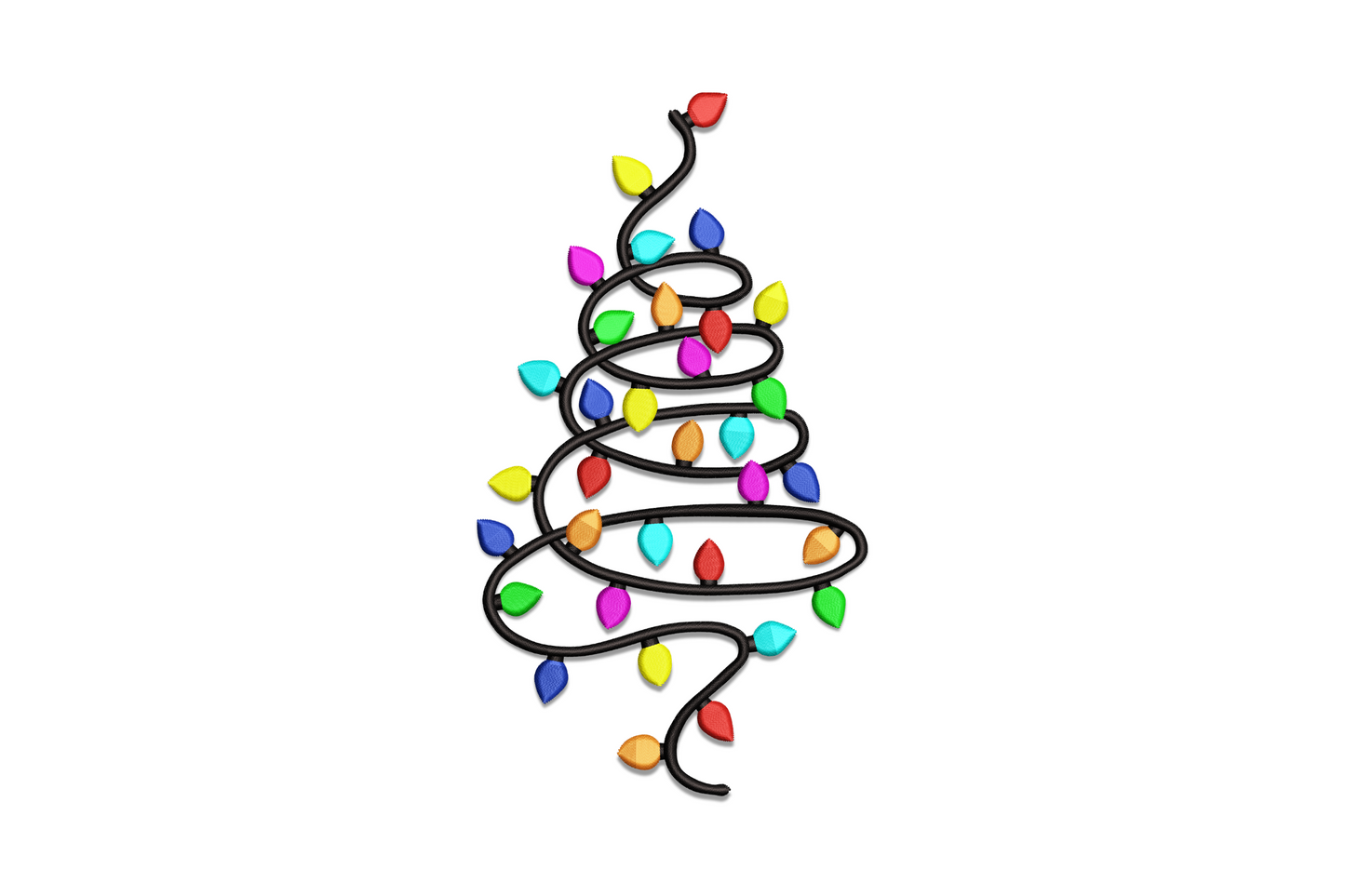 Modern Christmas tree embroidery design with string light loops in multiple colours forming the tree silhouette topped by a glowing star.