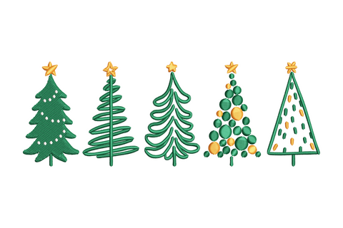 Modern christmas tree set embroidery design, geometric block-layered trees in three colors, Scandi-style holiday pattern for stockings and advent calendars