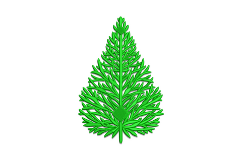 Dark green evergreen Christmas tree embroidery design with dense radiating needle clusters, single color, botanical silhouette style