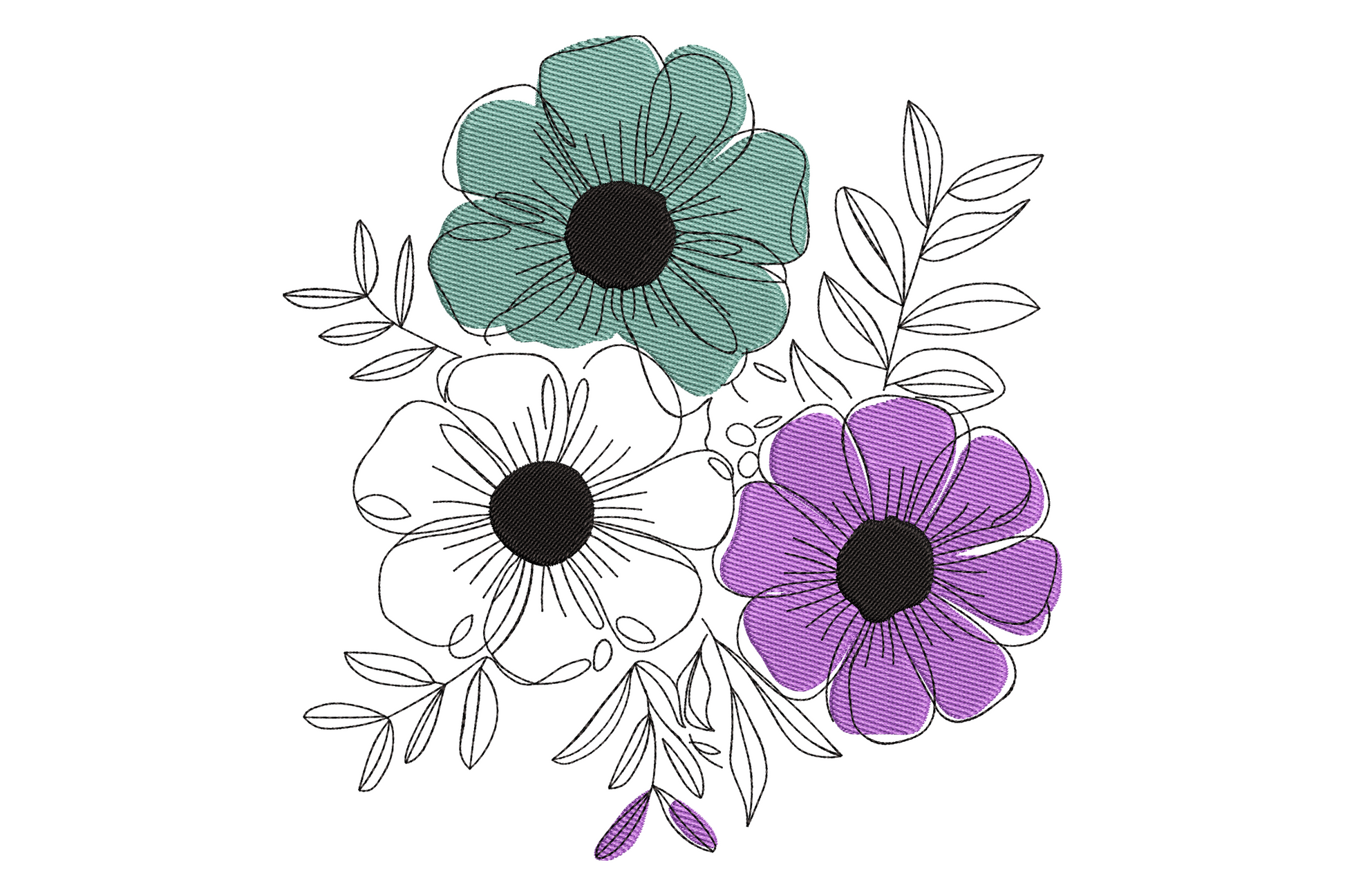 Modern floral bouquet embroidery, teal and purple anemone flowers with one in black outline only and scattered leaf stems.
