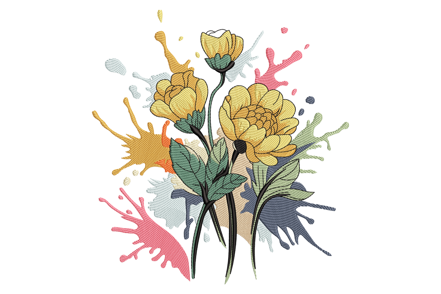 Modern floral embroidery design, golden peony blooms with watercolor ink-splash in teal, pink, blue, 11 colors, 5 sizes up to 7 inches.