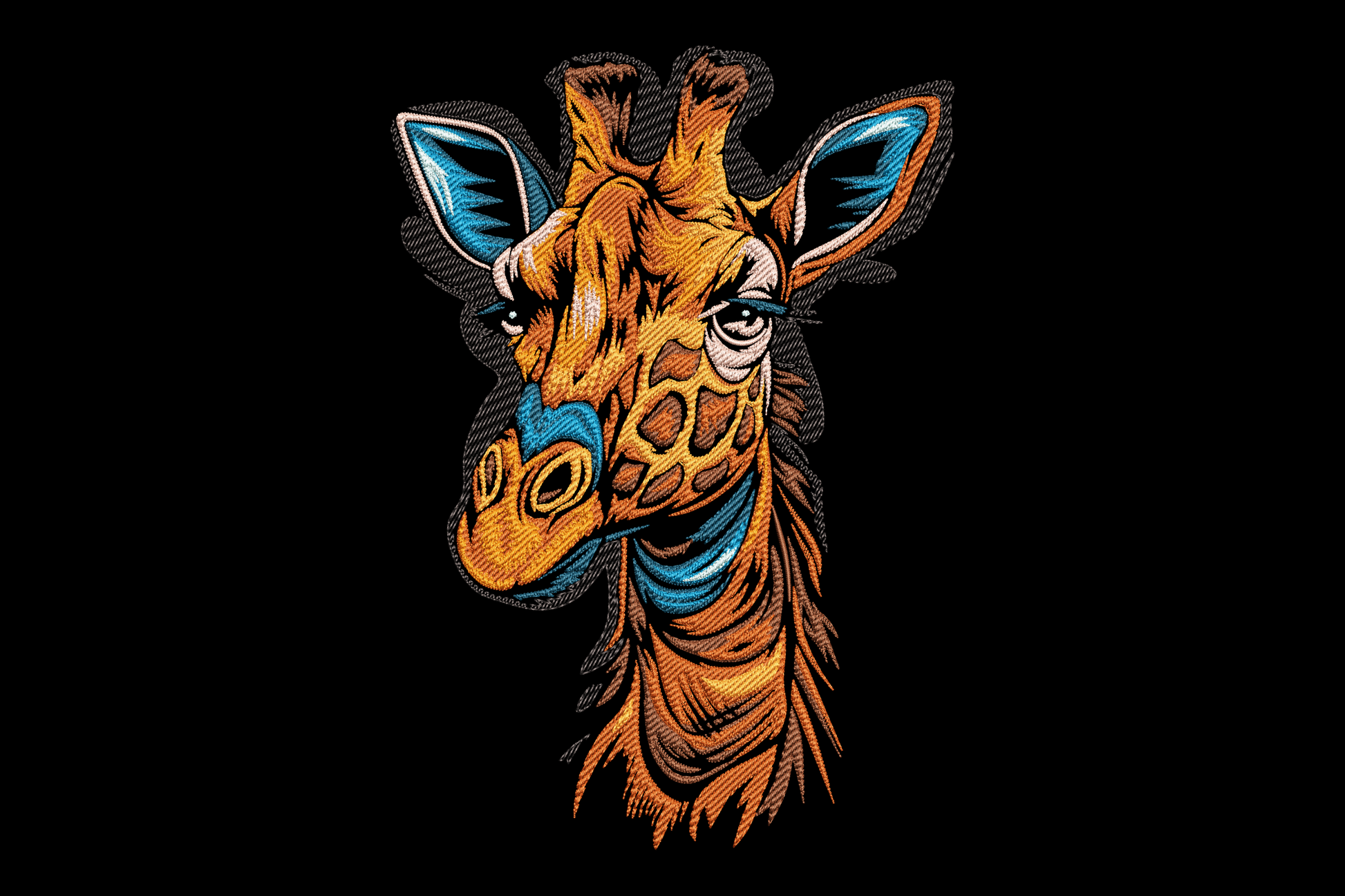 Modern giraffe head embroidery design with geometric patch markings, 9 colours, clean graphic style on white background