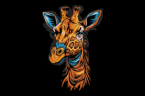 Modern giraffe head embroidery design with geometric patch markings, 9 colours, clean graphic style on white background