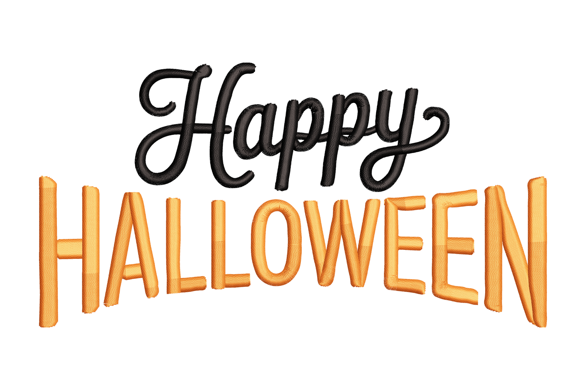 Modern halloween lettering machine embroidery with clean geometric sans-serif text in orange, black and white, compact wide banner format.