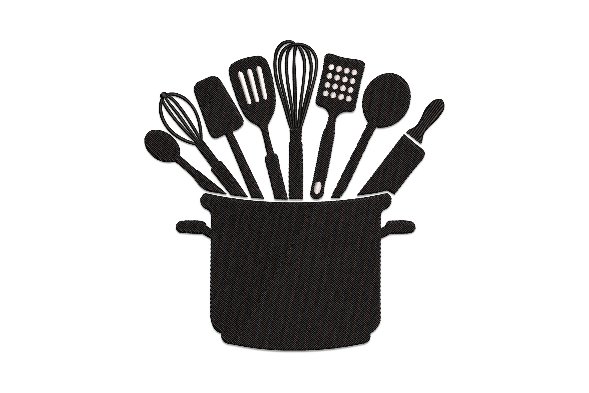 Kitchen utensils embroidery with spatula, ladle, whisk, and wooden spoon in charcoal line art, two colours