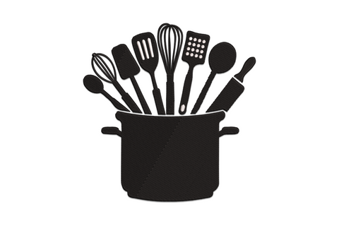 Kitchen utensils embroidery with spatula, ladle, whisk, and wooden spoon in charcoal line art, two colours