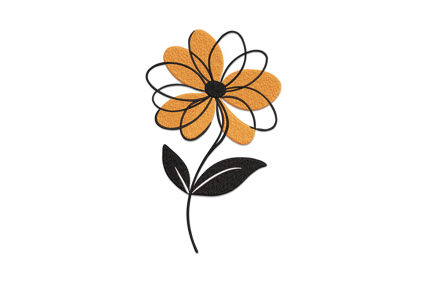 Modern orange flower embroidery with geometric flat petals and round cream centre, bold graphic botanical style, 3 colours