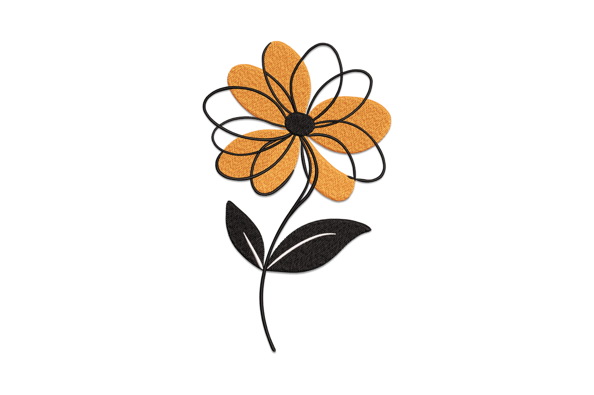 Modern orange flower embroidery with geometric flat petals and round cream centre, bold graphic botanical style, 3 colours