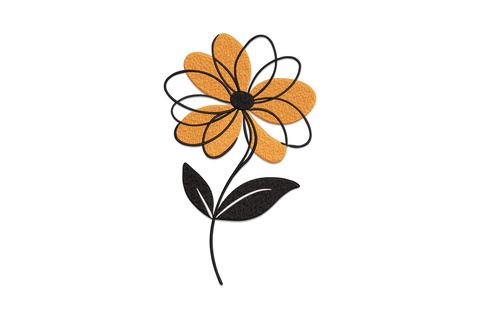 Modern orange flower embroidery with geometric flat petals and round cream centre, bold graphic botanical style, 3 colours