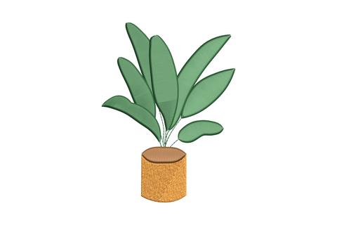 Modern potted plant embroidery design, tall slender houseplant in geometric pot with sage green leaves and matte black outline.
