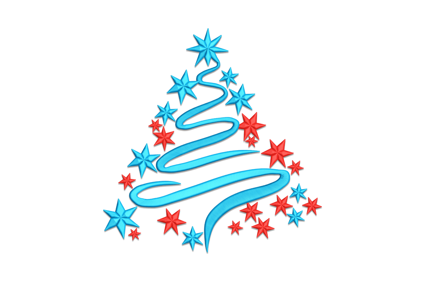 Minimalist Christmas tree made from stacked five-pointed stars in red and blue, modern geometric holiday embroidery.