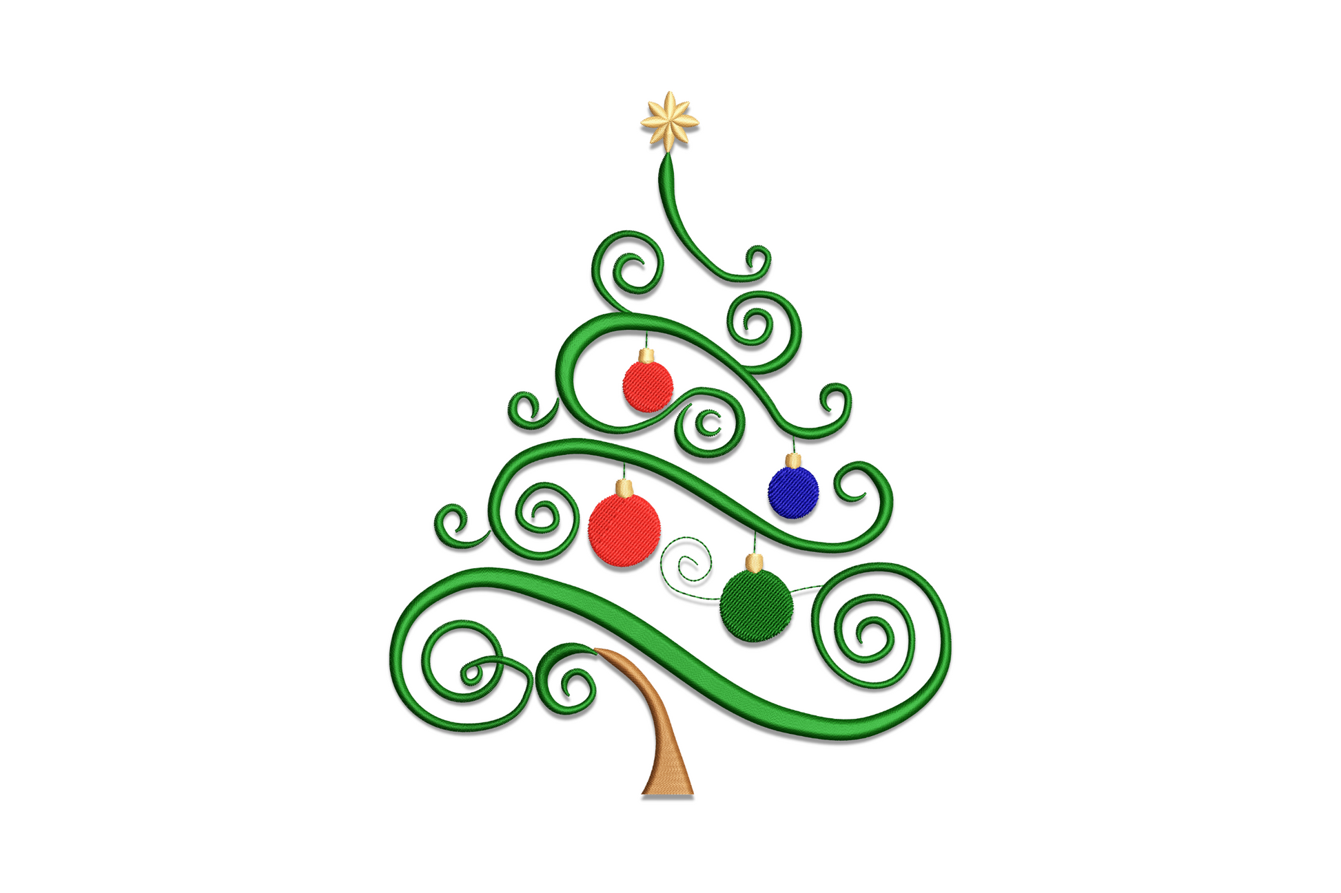 Modern swirl Christmas tree embroidery design with open curving line branches, gold star topper and red dot ornaments on a 5-colour scheme