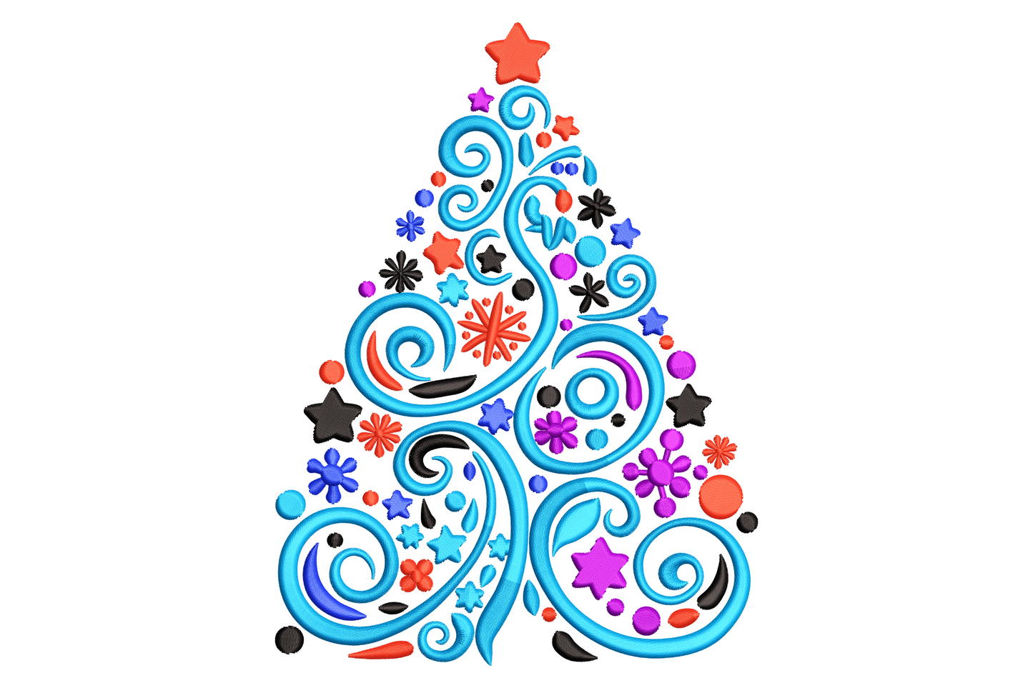 Modern swirl christmas tree embroidery design in bright turquoise with red star top and confetti snowflakes in purple, blue and black