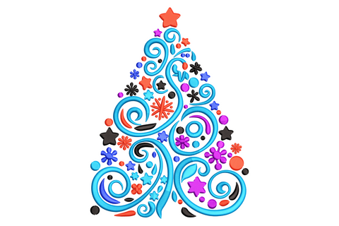Modern swirl christmas tree embroidery design in bright turquoise with red star top and confetti snowflakes in purple, blue and black