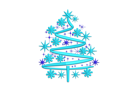 Modern winter tree embroidery design, satin sweep curves with geometric snowflakes in navy and cyan, 5 sizes to 7.49in