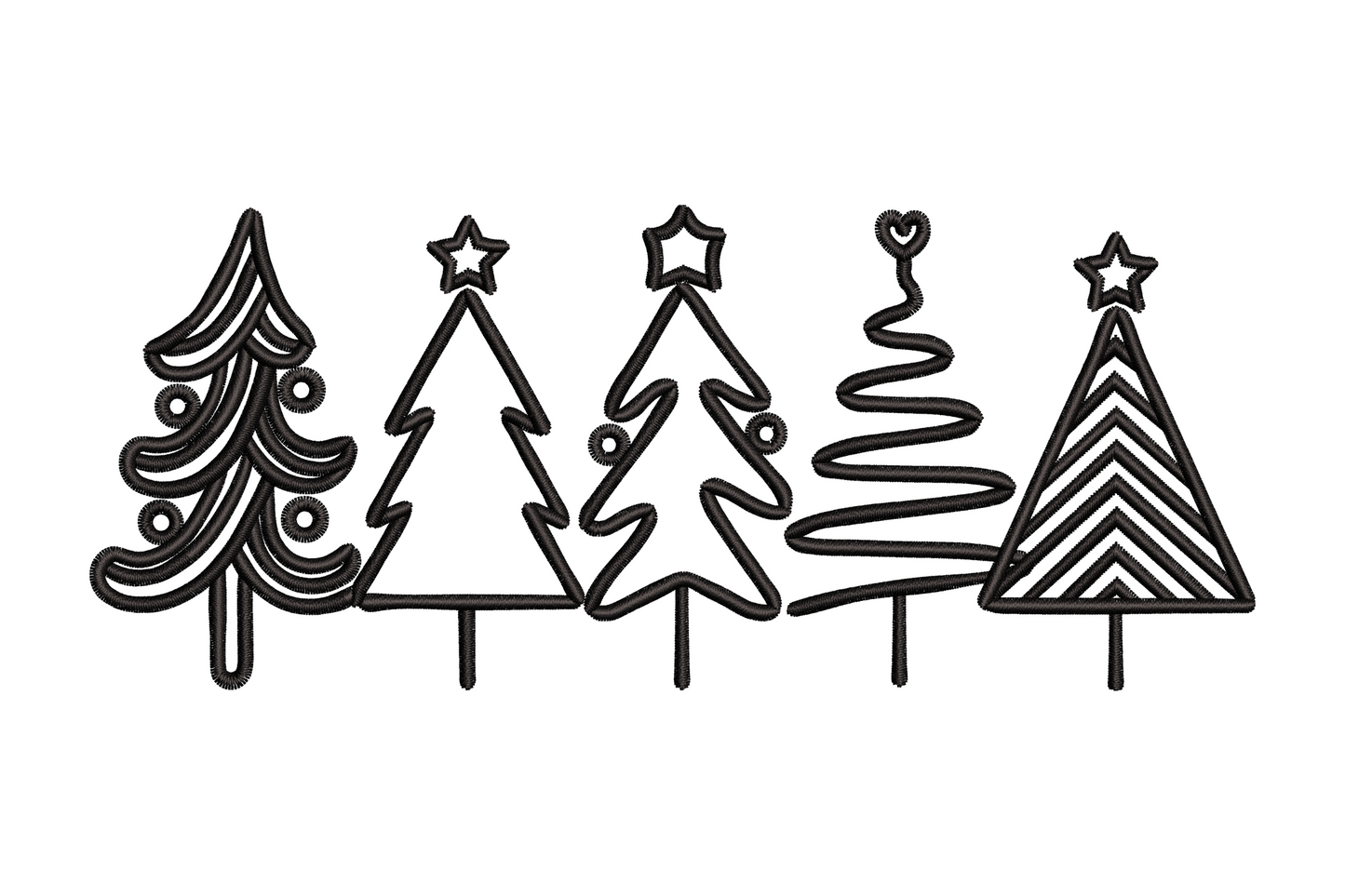Minimalist christmas tree border embroidery design, row of geometric triangle trees in outline stitch, single color strip for edge and hem treatments
