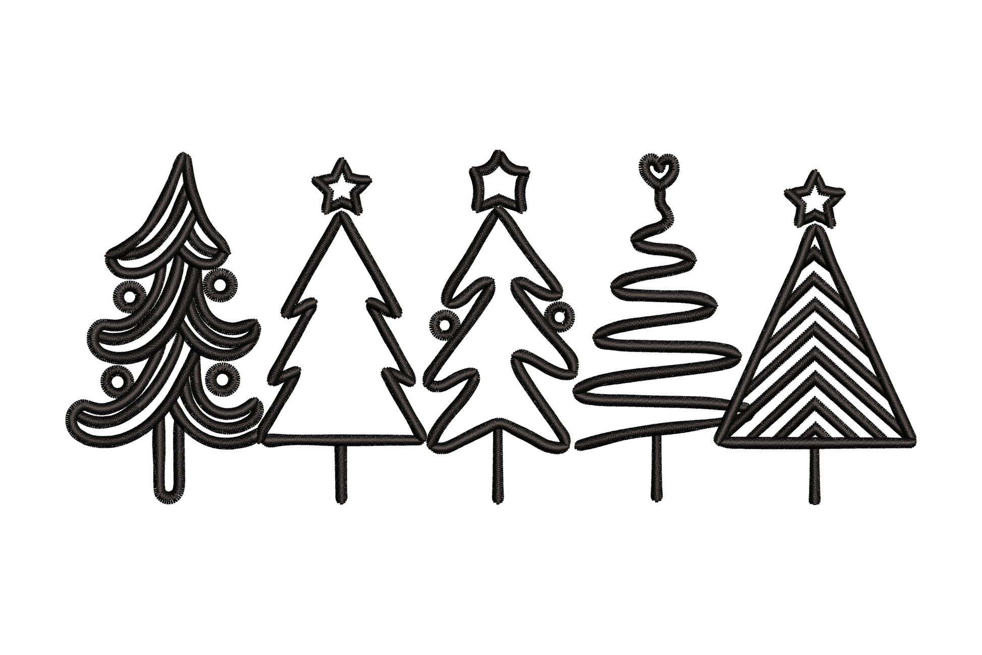 Minimalist christmas tree border embroidery design, row of geometric triangle trees in outline stitch, single color strip for edge and hem treatments