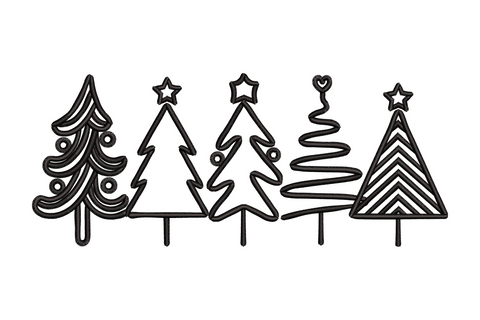Minimalist christmas tree border embroidery design, row of geometric triangle trees in outline stitch, single color strip for edge and hem treatments