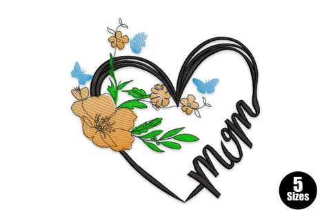 Mom floral heart embroidery design with open black heart outline, peach satin blooms, green stems, blue butterflies and cursive mom script.