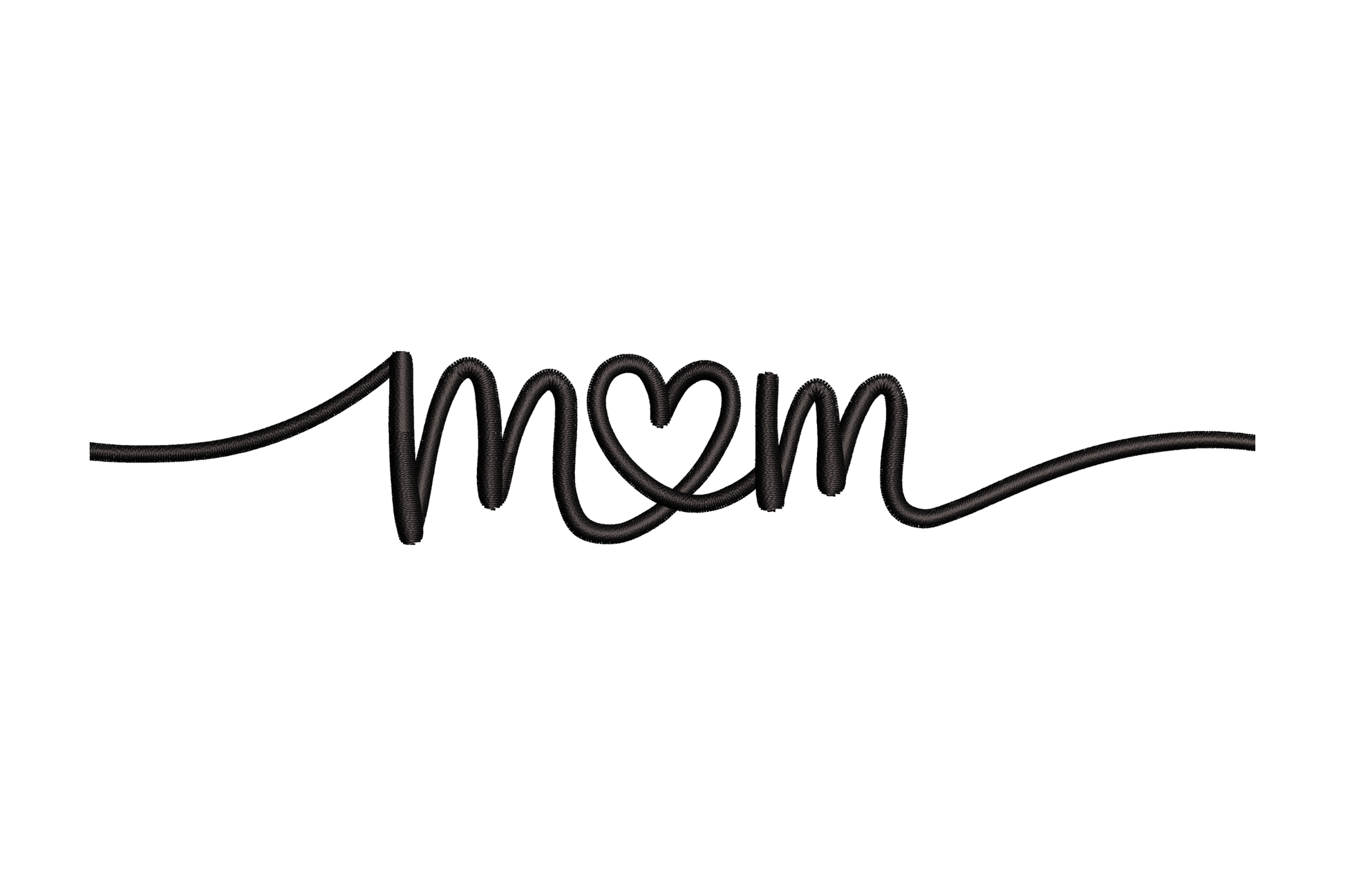 Black 'mom' text with a heart embroidery design