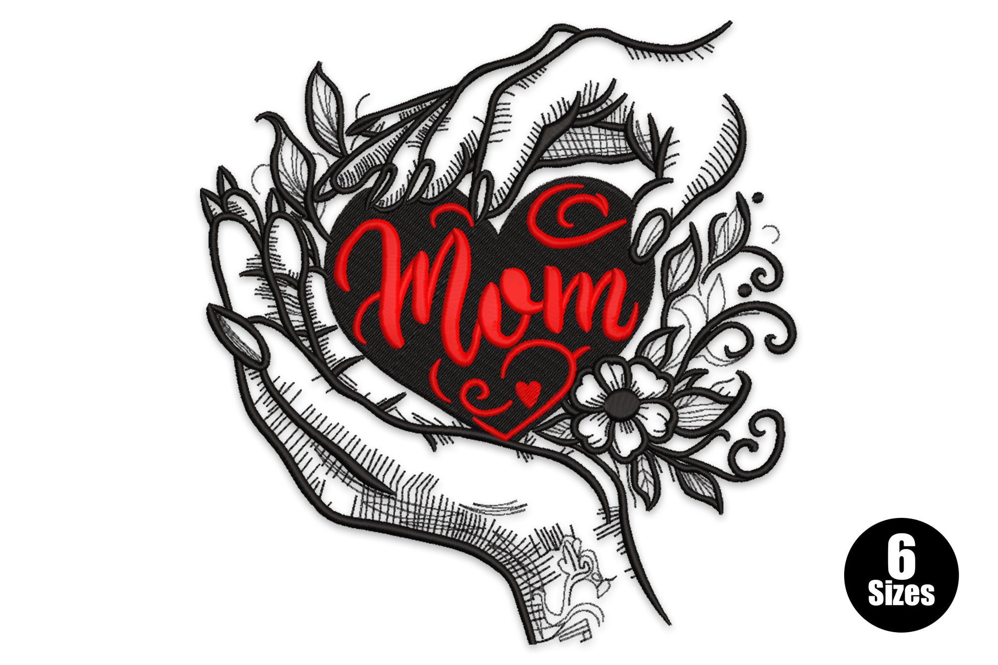 Mom embroidery design, two cupped hands holding a black heart with red Mom script and sketchy floral border.