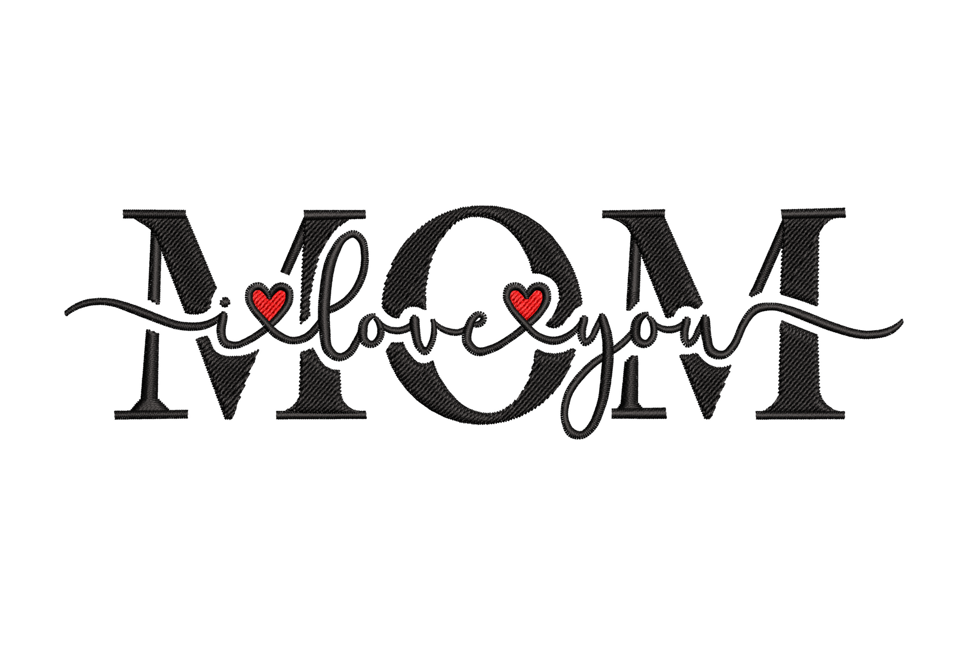 Vertical mom embroidery with MOM in bold caps and I Love You below in contrasting thread, tall narrow format.