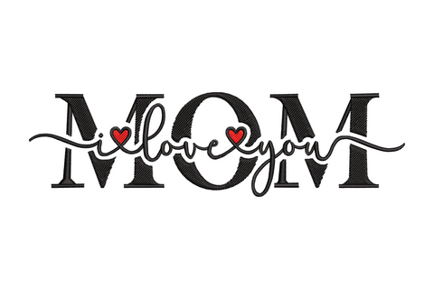 Vertical mom embroidery with MOM in bold caps and I Love You below in contrasting thread, tall narrow format.