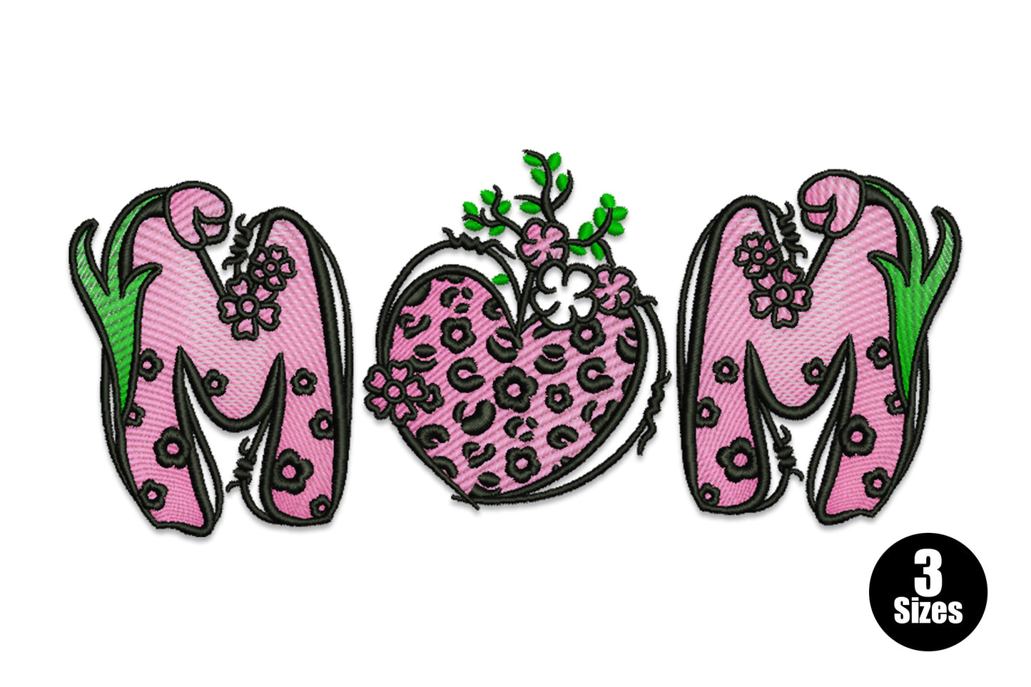 Mom leopard heart embroidery design with MOM lettering in hot pink and black where the O is a leopard print heart with small green floral sprigs on top.