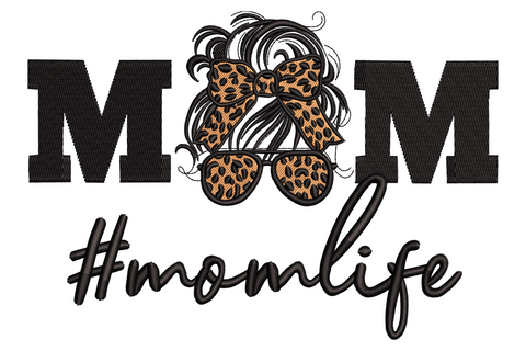 Mom Life leopard bow machine embroidery design, 2 colours, cream lettering with amber and chocolate leopard bow, on black tee, 9 sizes.