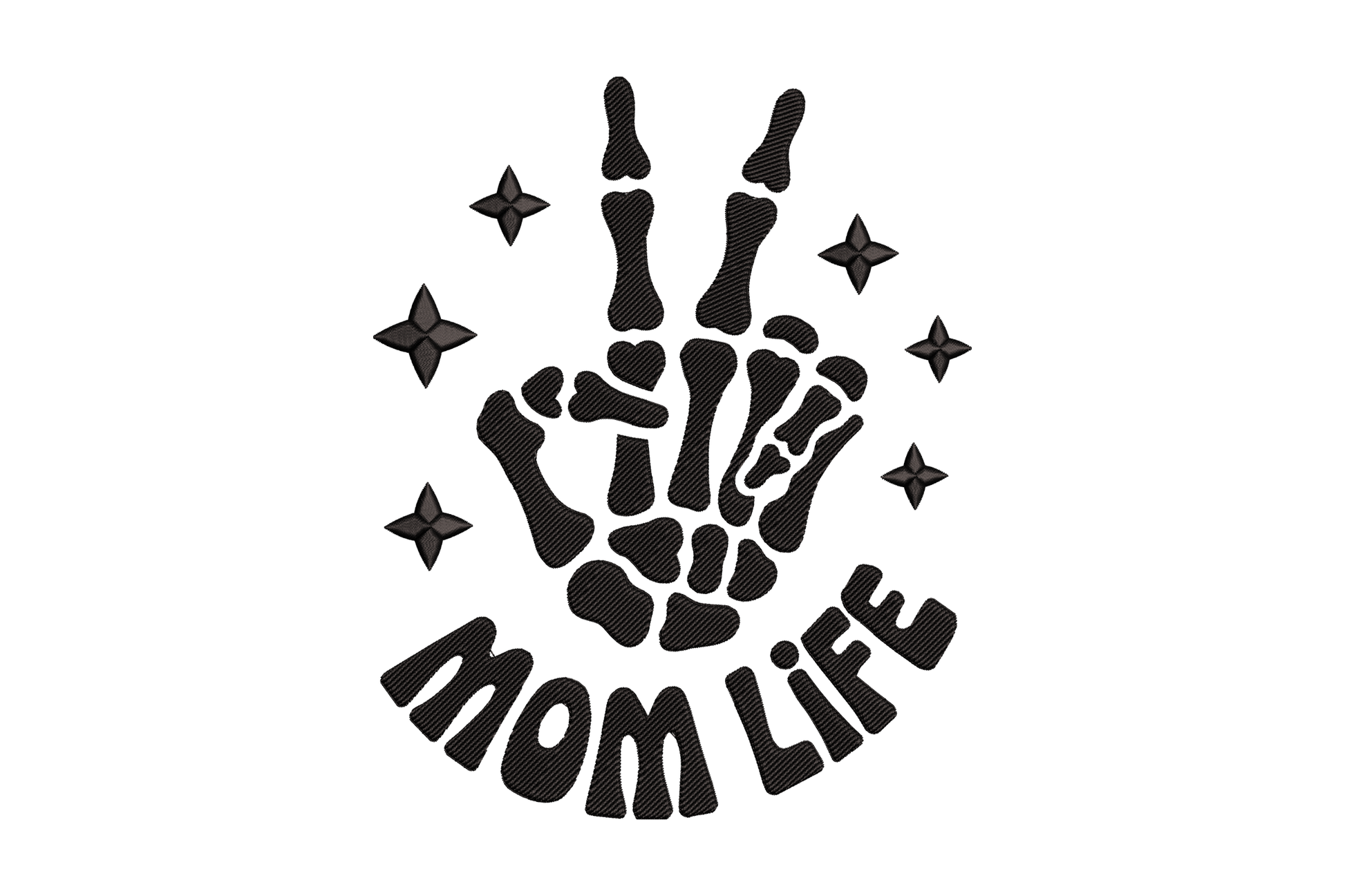 Black skeleton hand with 'Mom Life' text embroidery design