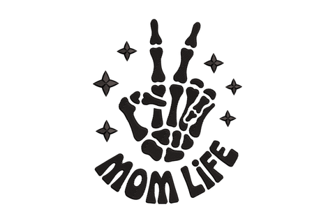 Black skeleton hand with 'Mom Life' text embroidery design