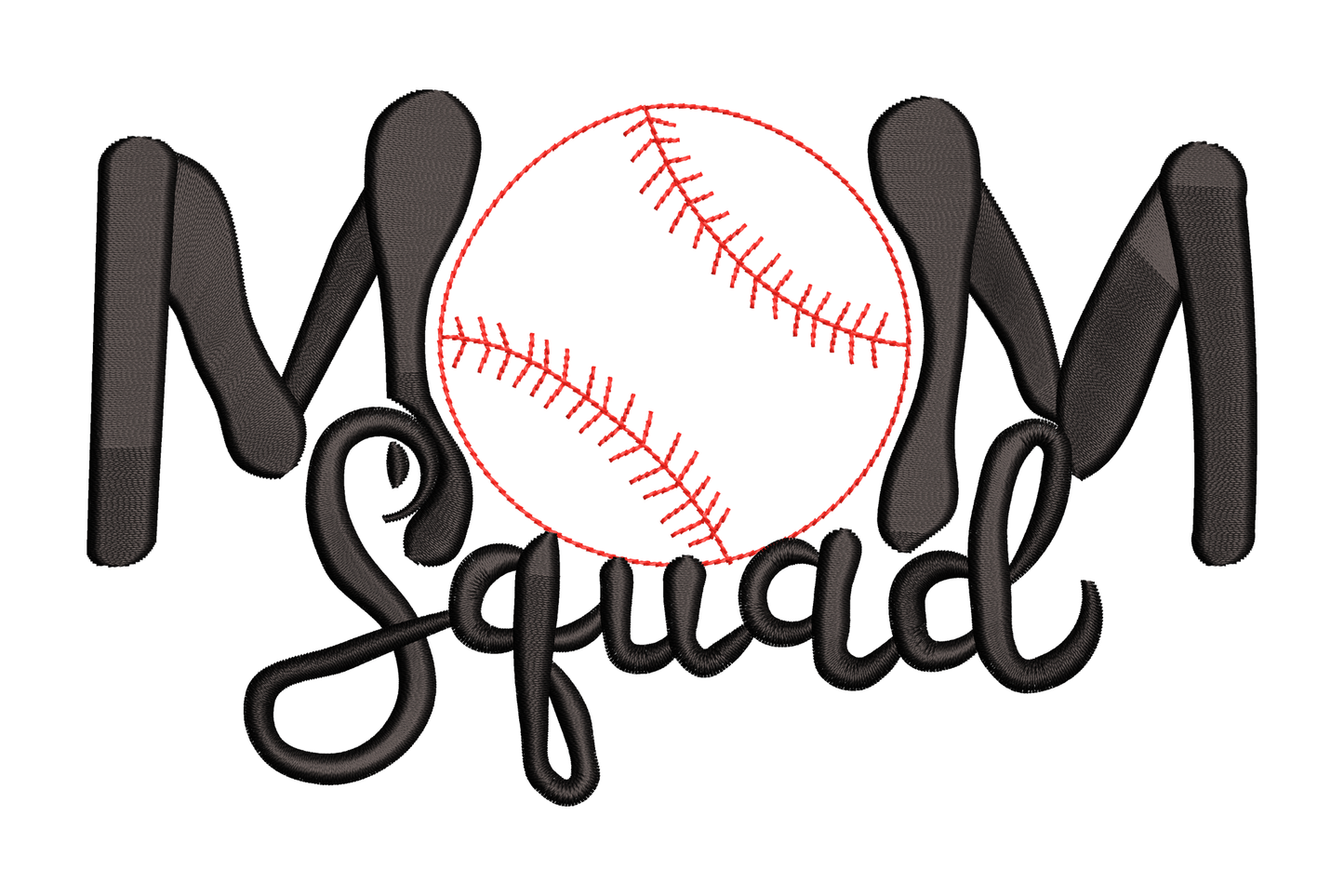Mom squad baseball embroidery with satin block letters, baseball replacing the letter O with red seams, cursive Squad below.