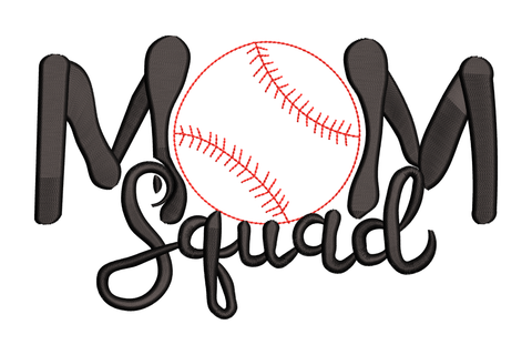 Mom squad baseball embroidery with satin block letters, baseball replacing the letter O with red seams, cursive Squad below.