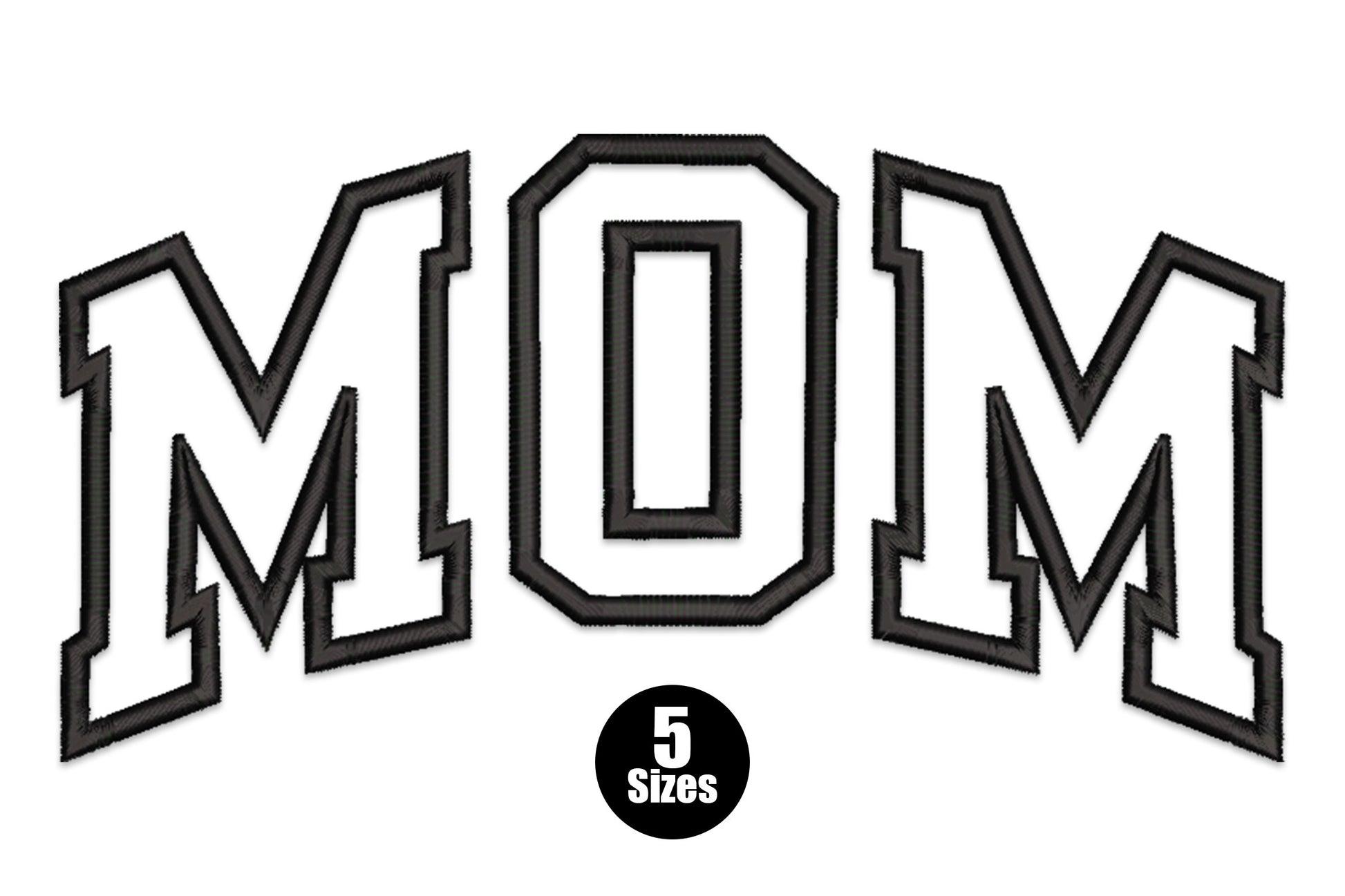 Bold varsity arch MOM embroidery in 3 colours, collegiate block letters arching for Mother's Day gifting
