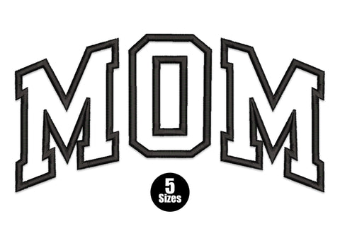 Bold varsity arch MOM embroidery in 3 colours, collegiate block letters arching for Mother's Day gifting