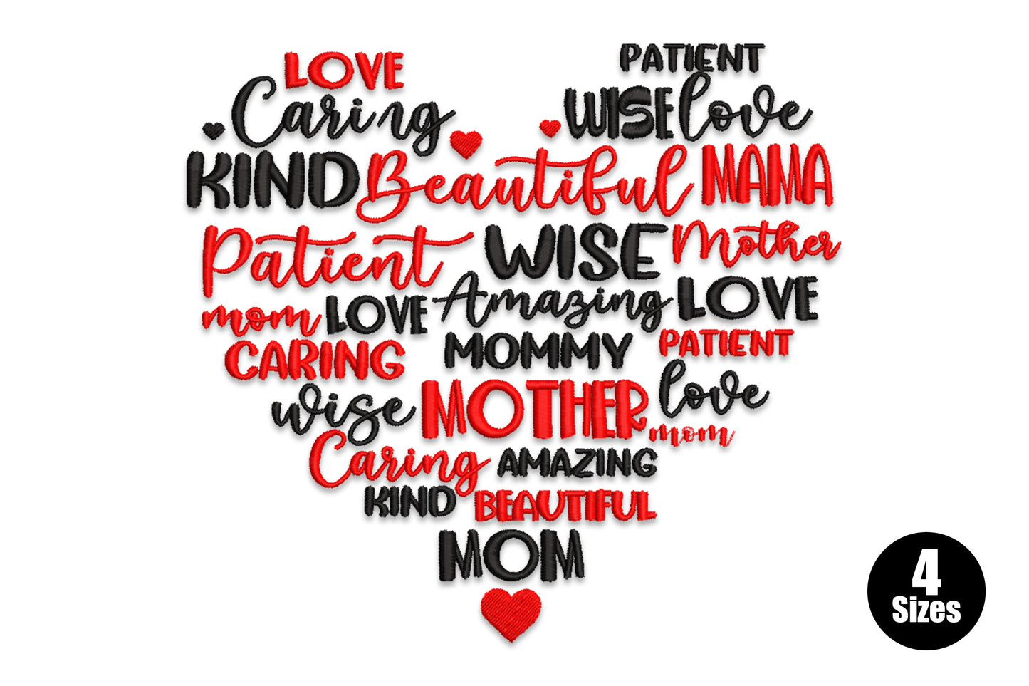 Mom word art heart embroidery design with red script and bold black words shaped into a heart, including Mother, Mama, Love, Caring and more.