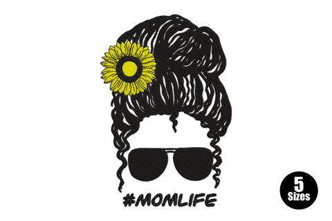 Bold colourful Mom Life script machine embroidery design on white background with satin letter fills