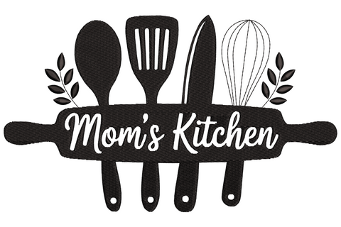 Mom's Kitchen retro cursive script embroidery design with swash flourishes on the M and K, single colour outline stitching.