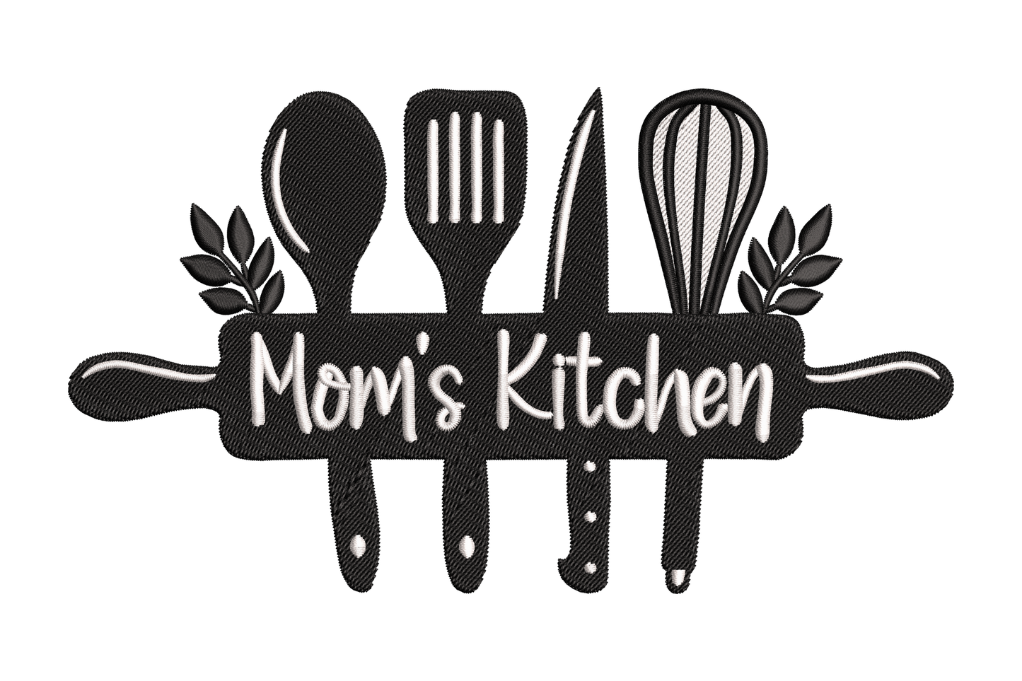 Machine embroidery design showing a bold black silhouette of kitchen utensils above a rolling pin banner with Mom's Kitchen text in cursive