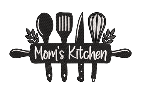 Machine embroidery design showing a bold black silhouette of kitchen utensils above a rolling pin banner with Mom's Kitchen text in cursive
