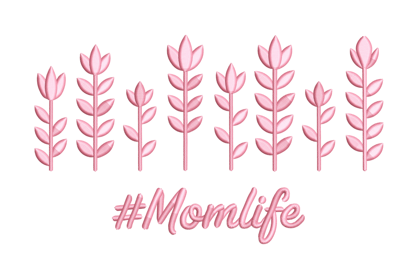 Decorative design with pink floral elements and '#Momlife' text embroidery design