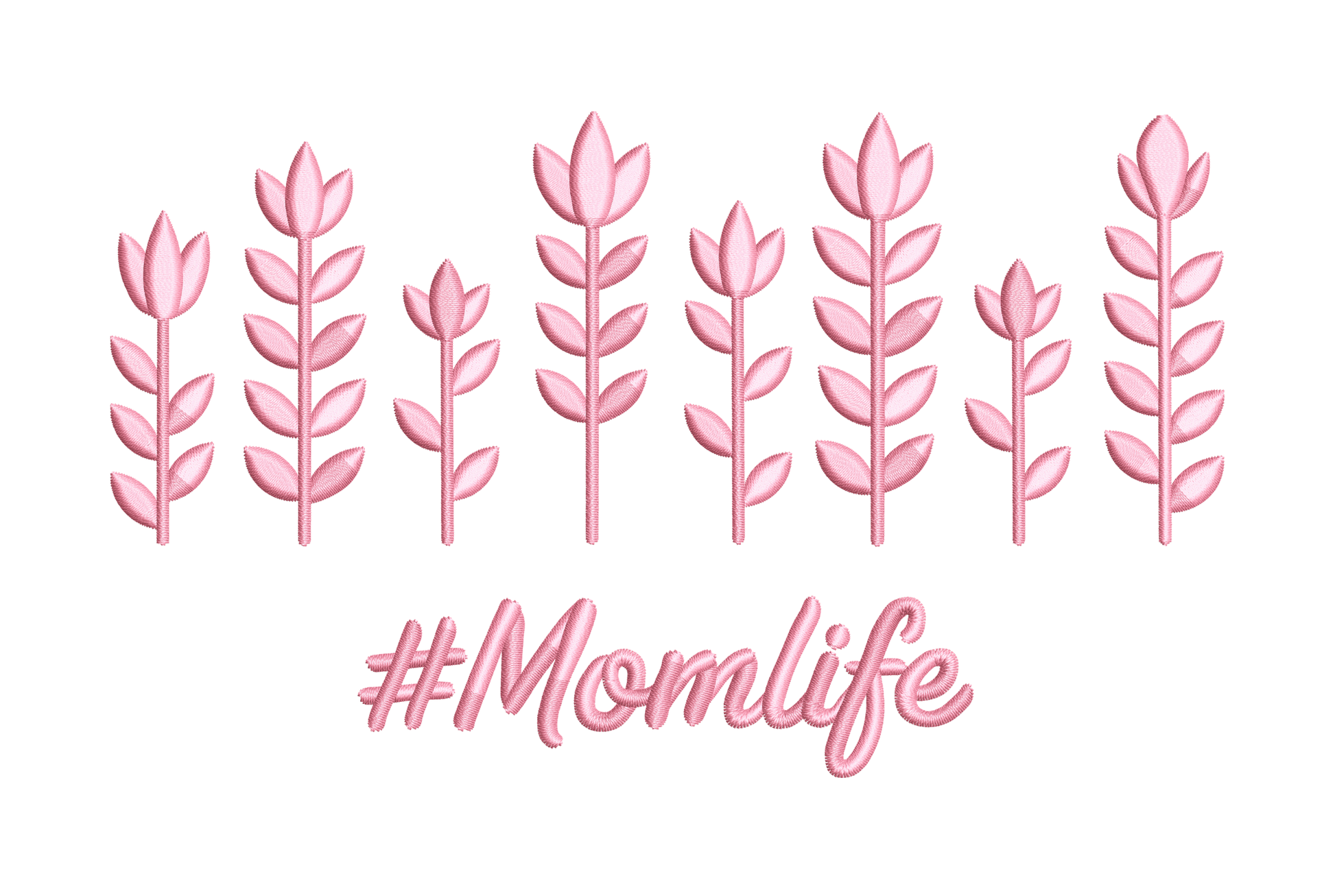 Decorative design with pink floral elements and '#Momlife' text embroidery design