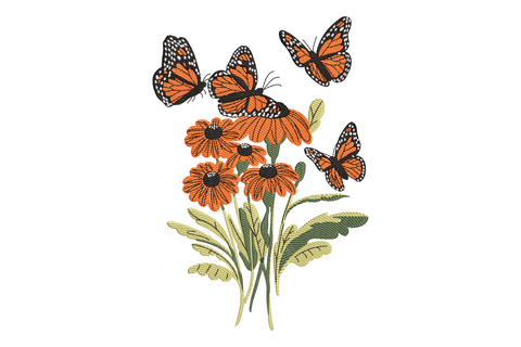 Monarch butterfly flower machine embroidery design in orange black and white with yellow floral bloom, butterfly perched on flower in botanical illustration style, six colour vertical composition