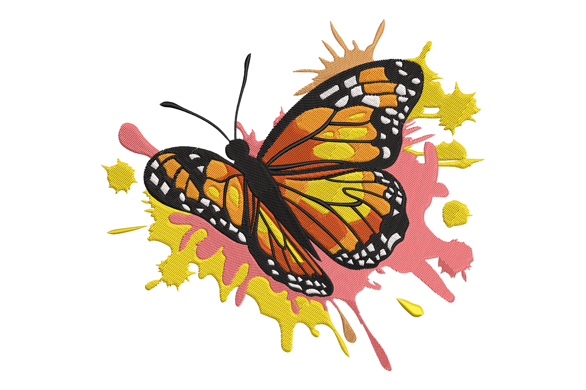 Embroidery design of a monarch butterfly with orange and black wings over a colorful paint splash background in yellow, orange, and pink