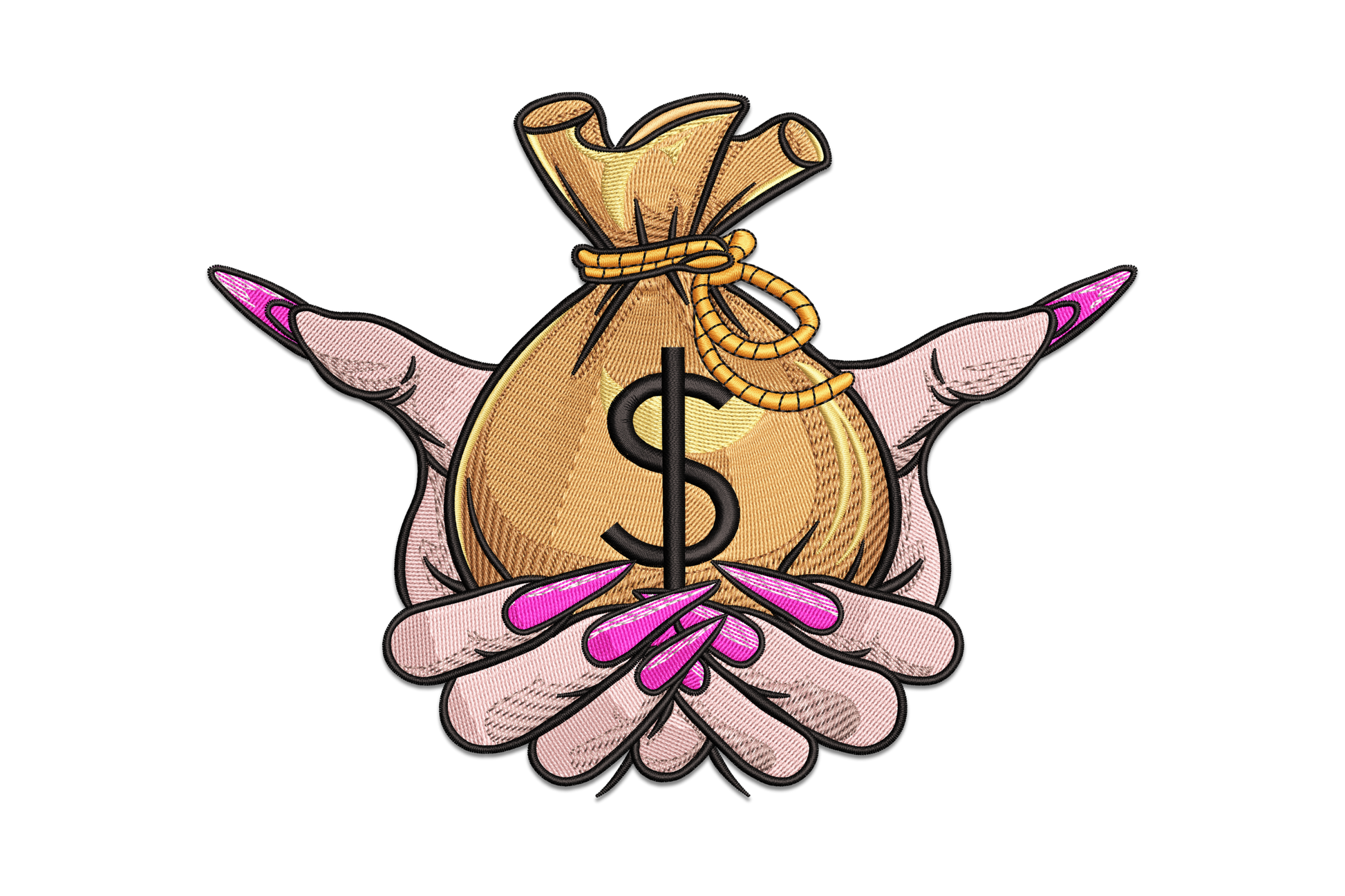 Money bag with dollar sign cradled in two helping hands embroidery design in tan and gold on cream cotton fabric
