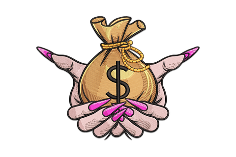 Money bag with dollar sign cradled in two helping hands embroidery design in tan and gold on cream cotton fabric